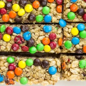These homemade chewy M&M granola bars are the perfect after school snack. No bake, soft & chewy, and filled with M&Ms!