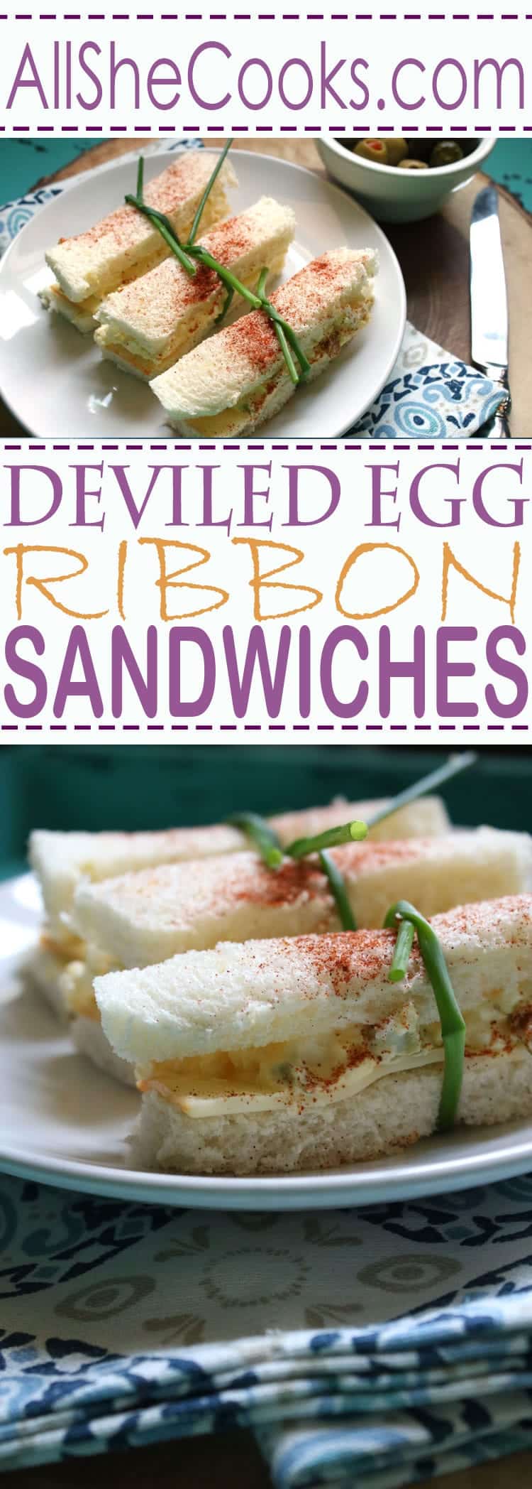 Deviled Egg Ribbon Sandwiches and a fun way to enjoy egg salad sandwiches made into fancy finger sandwiches. With the added taste of cheese, you will want to try these tasty sandwiches.