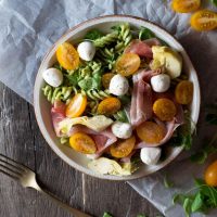 Pesto Pasta Salad with Artichokes, Proscuitto and Mozzarella