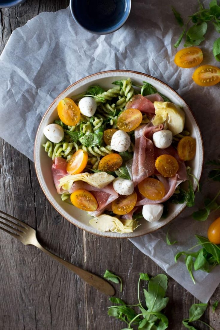 Pesto Pasta Salad with Artichokes, Proscuitto and Mozzarella