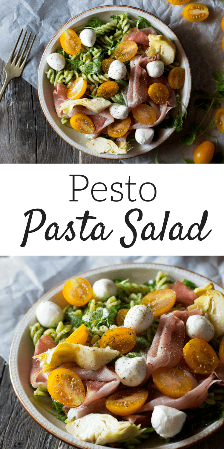 An easy recipe for pesto pasta salad using homemade pesto, mozzarella, artichokes and prosciutto. An easy summer dinner ready in no time.