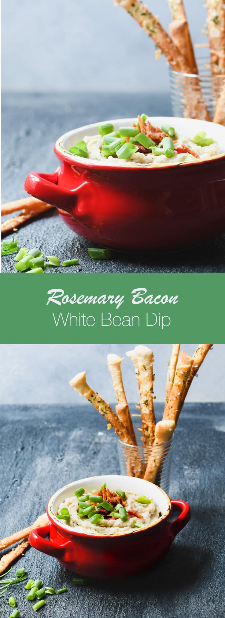 This Rosemary White Bean Dip is topped with Bacon and served with parmesan breadsticks for the ultimate party appetizer! 