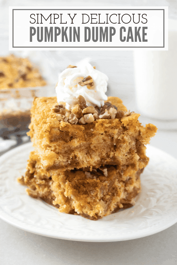 two slices of pumpkin dump cake stacked on a white plate