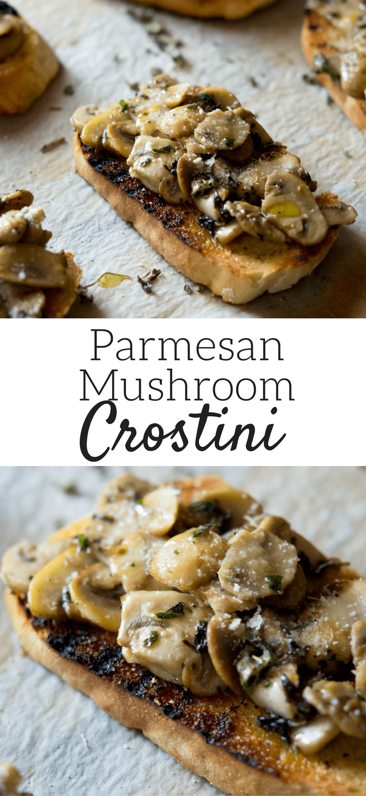 Parmesan mushroom crostini recipe with parmesan cheese, mushrooms, oregano and garlic toasts. An easy and delicious Italian appetizer.