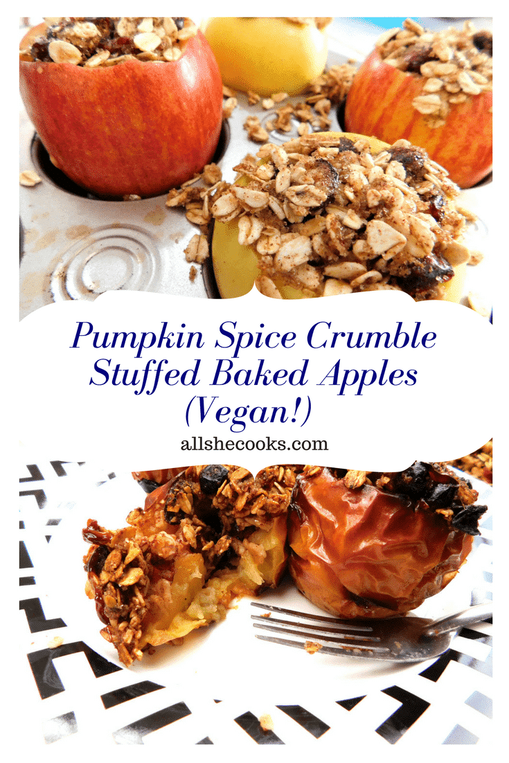 Pumpkin Spice Crumble Stuffed Baked Apples (Vegan!) on AllSheCooks.com. This easy dessert or breakfast recipe is simple and delicious. #breakfast #applerecipes #bakedapples #fallrecipes
