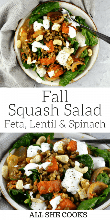 Easy Squash salad with spinach, feta cheese, and lentils. A quick, easy and comforting fall recipe packed full of flavor, perfect for Fall.