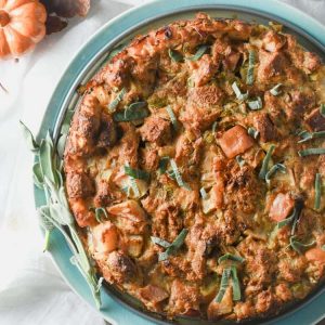 This savory herb apple bread pudding is the perfect side dish for your Thanksgiving dinner!