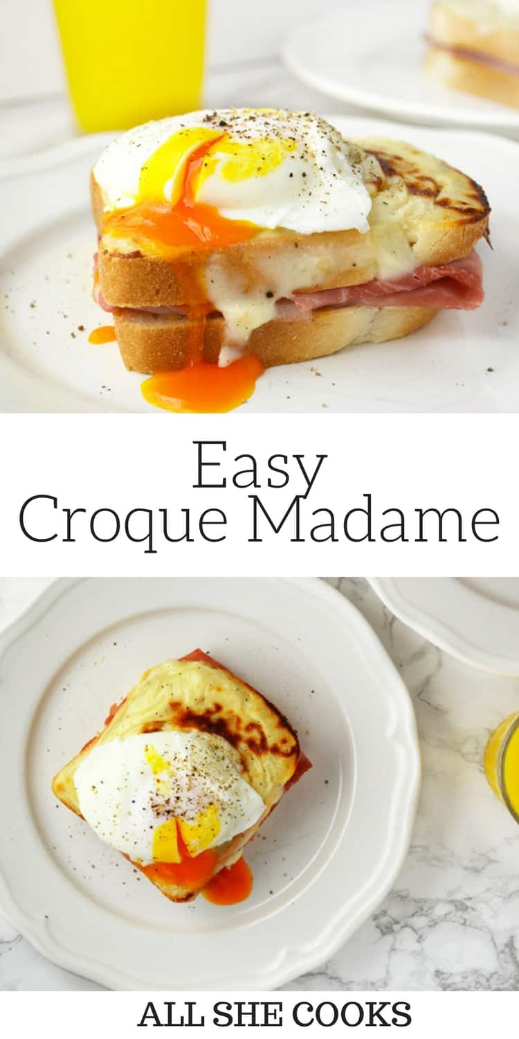 This Easy Croque Madame recipe is the perfect lazy brunch for weekends. A mustard and ham sandwich topped with a cheesy bechamel sauce and a poached egg. All She Cooks recipes. #brunch #breakfast #poachedegg
