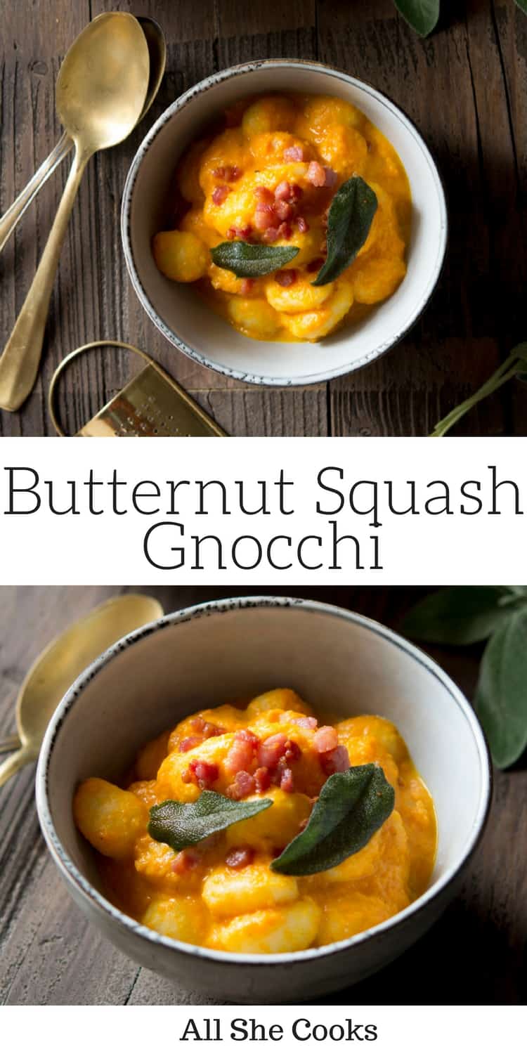 Easy butternut squash gnocchi made with a creamy butternut squash sauce and topped with crispy pancetta and sage leaves. A brilliant easy weeknight dinner idea, the whole family will enjoy!