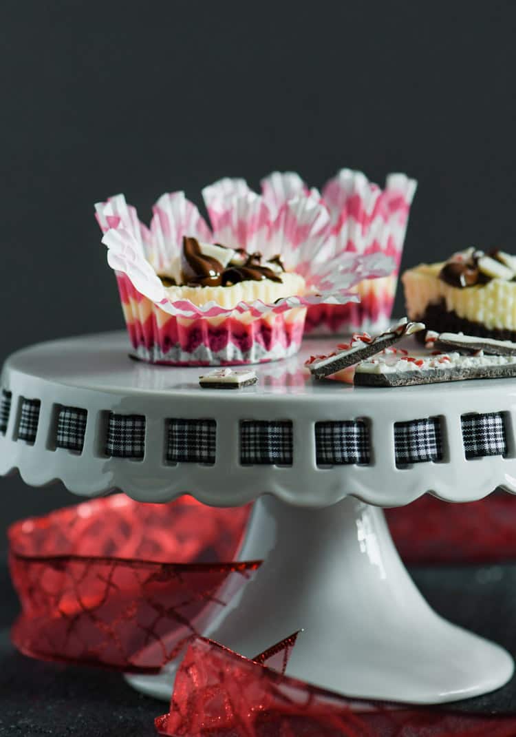 Peppermint Bark Mini Cheesecakes are sure to be a holiday crowd pleaser! 