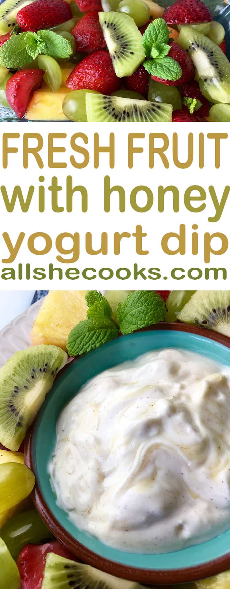 Enjoy this easy fresh fruit salad with honey yogurt dip. Perfect for a snack or party food.