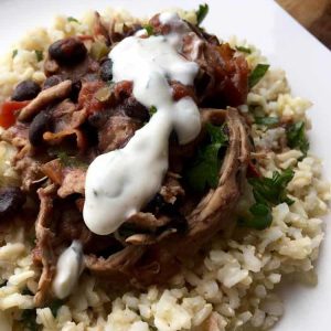 cilantro lime sauce on pulled chicken and cilantro rice