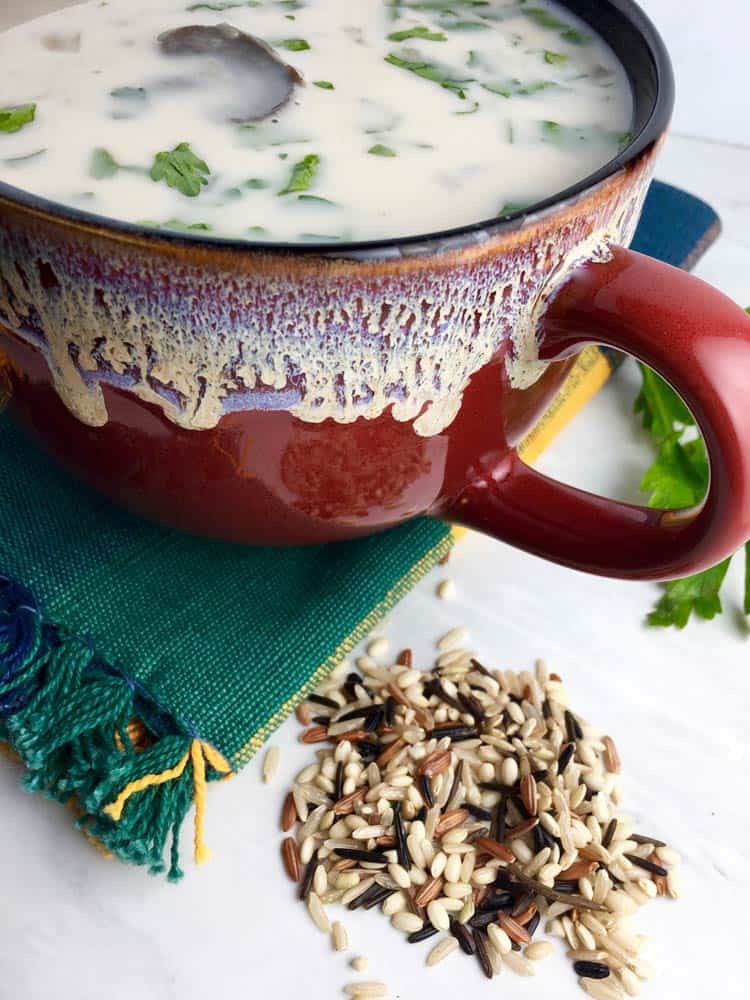 mushroom and wild rice soup in mug