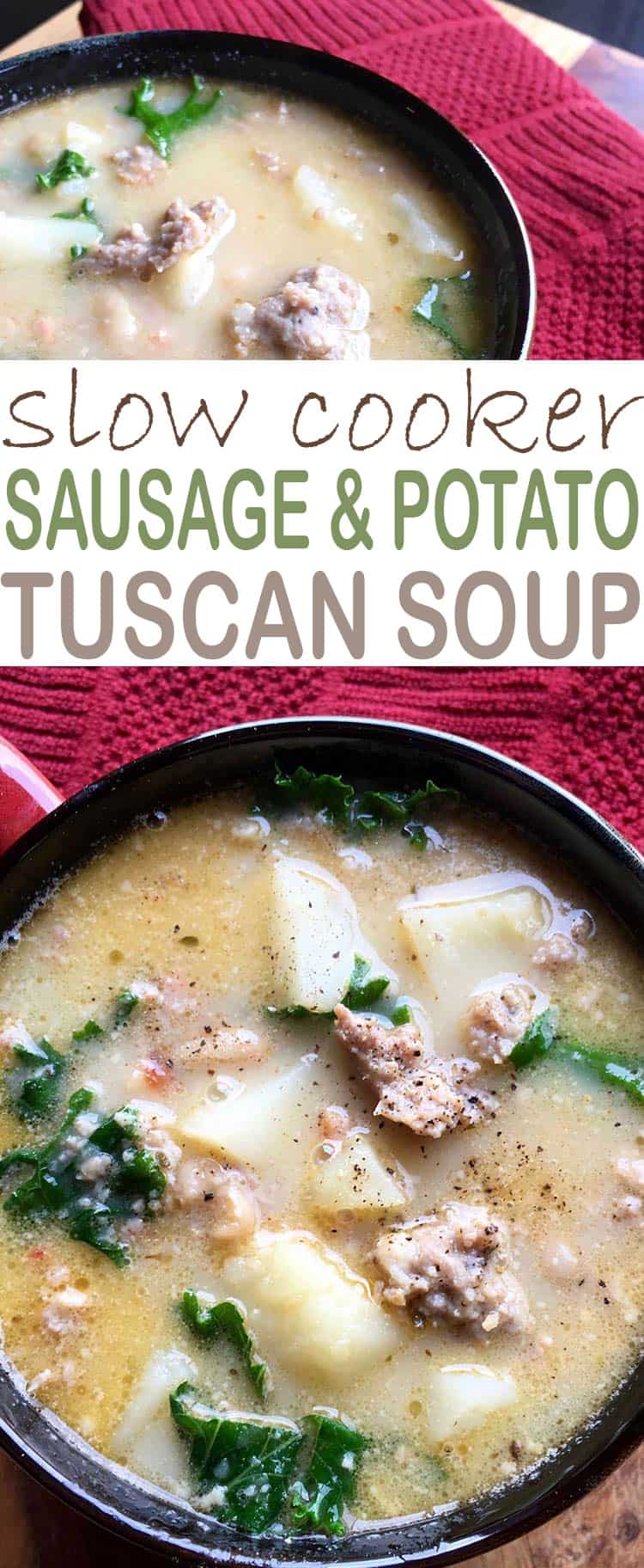 This Slow Cooker Tuscan Sausage and Potato Soup has beans and greens in it making it a comfort food recipe full of healthy ingredients. 