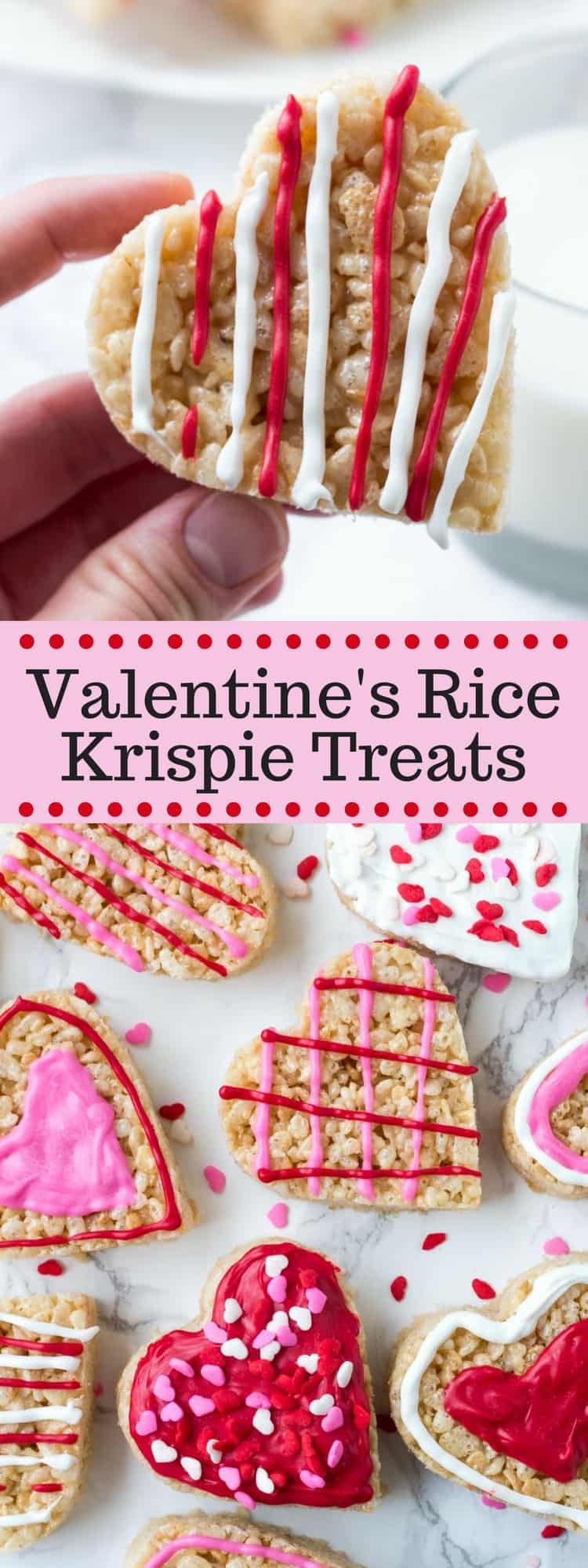 Valentine's Rice Krispie Treats decorated with icing and sprinkles