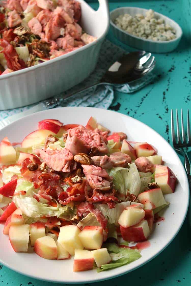 Apple and Chicken Salad on white plate with blue cheese in bowl in background