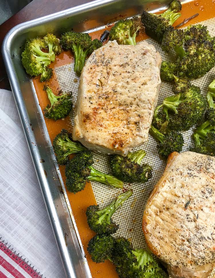 broccoli and pork chops in roasting pan