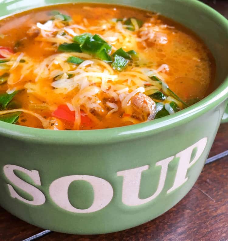 Easy Keto Soup with Sausage, Peppers, and Spinach