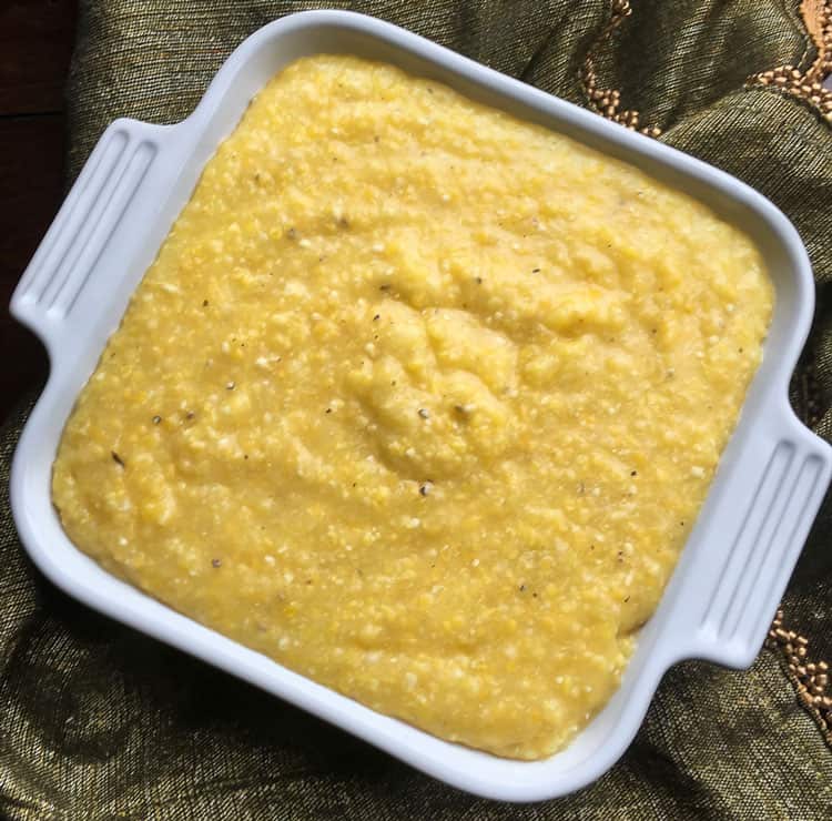 how to make polenta with a large white baking dish containing polenta