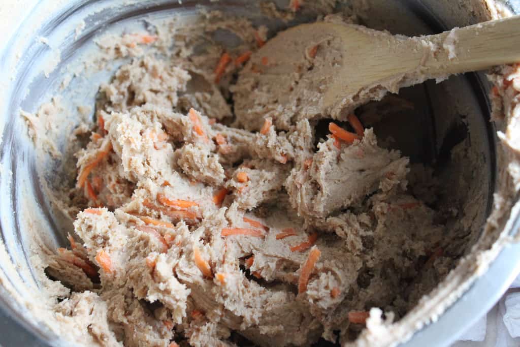 Thoroughly mixed carrot cake cookies batter in the bowl