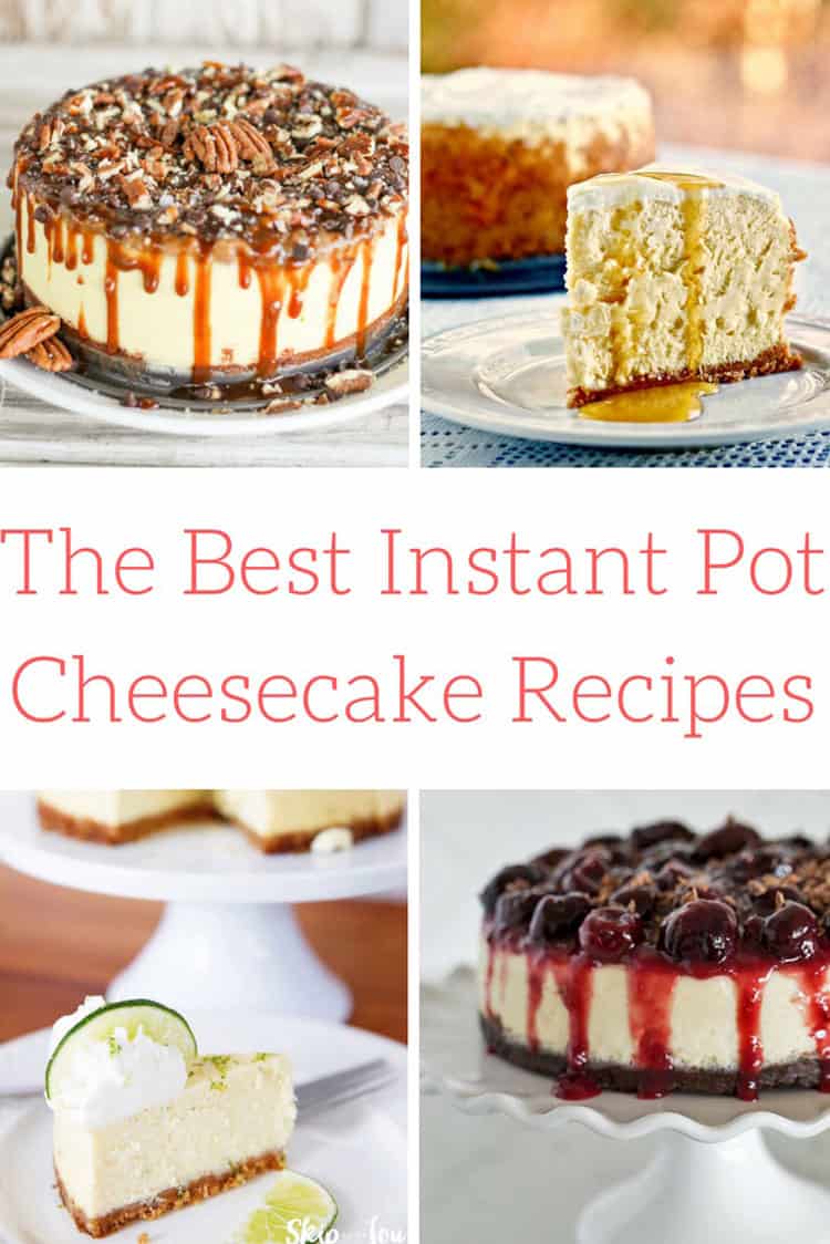 four different views of instant pot cheesecake including two slices and two whole cheesecakes