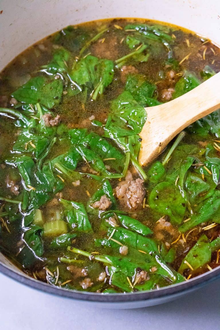 Easy Keto Soup with Sausage, Peppers and Spinach All She Cooks