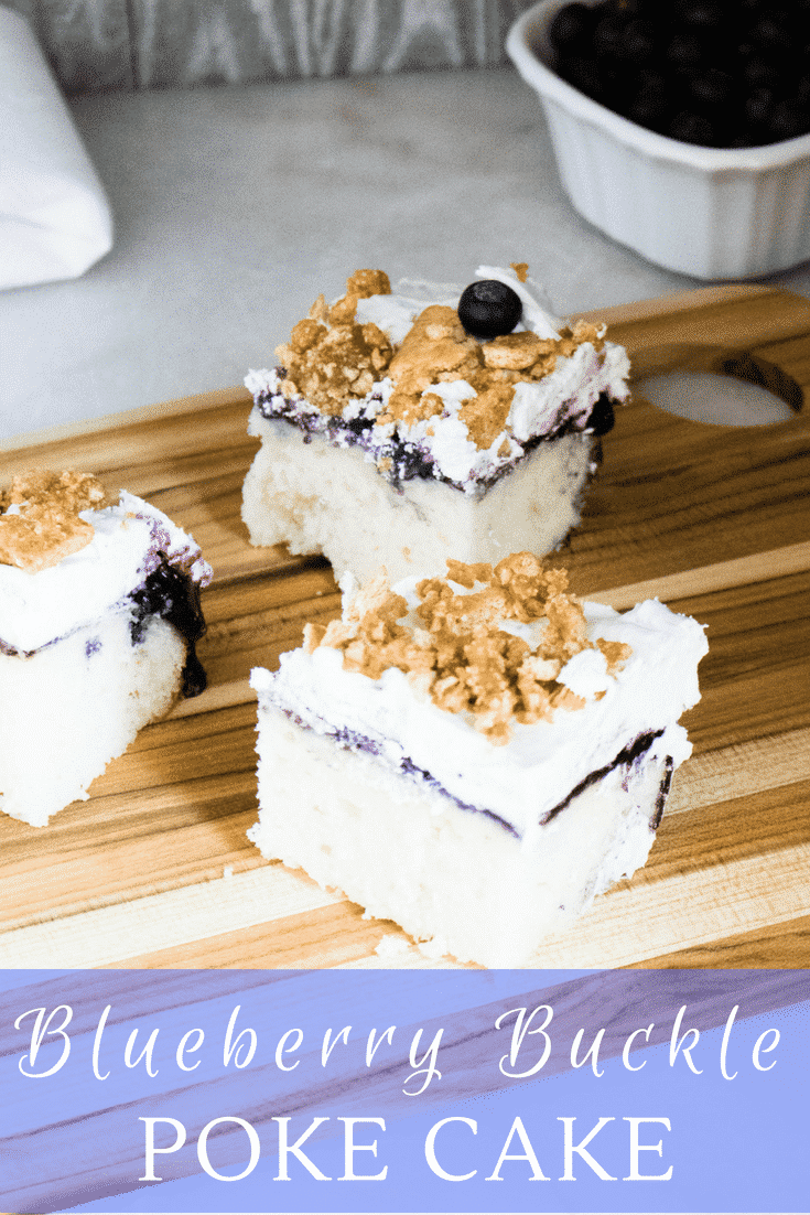 Blueberry Buckle Poke Cake is a fun, new twist on a quintessential summertime dessert! And since it's a breeze to make, it is the perfect choice for all your summer celebrations, barbecues, potlucks and picnics. Light and airy white cake, blueberry pie filling and a crunchy streusel-like topping combine to give you all the great flavors of a classic blueberry buckle, packed into a festive and fun poke cake! #blueberry #blueberrybuckle #pokecake #summer #dessert #summerdesserts