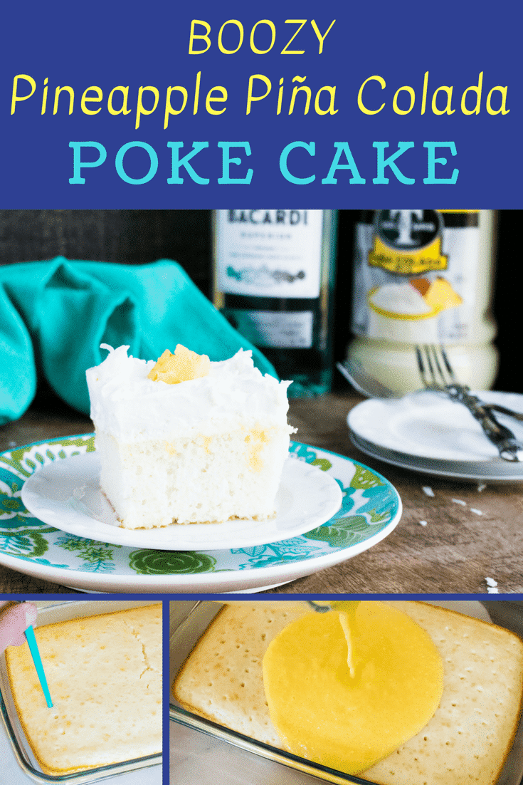 This moist and flavorful Boozy Pineapple Piña Colada Poke Cake is a little slice of summertime! Light, fluffy and SO easy to make. It's your favorite tropical cocktail, served on a plate! #pineapplepinacoladacake #easysummercakerecipe #pineapplepinacoladapokecake #easypokecake #pokecake #pinacolada #pineapple #boozydesserts