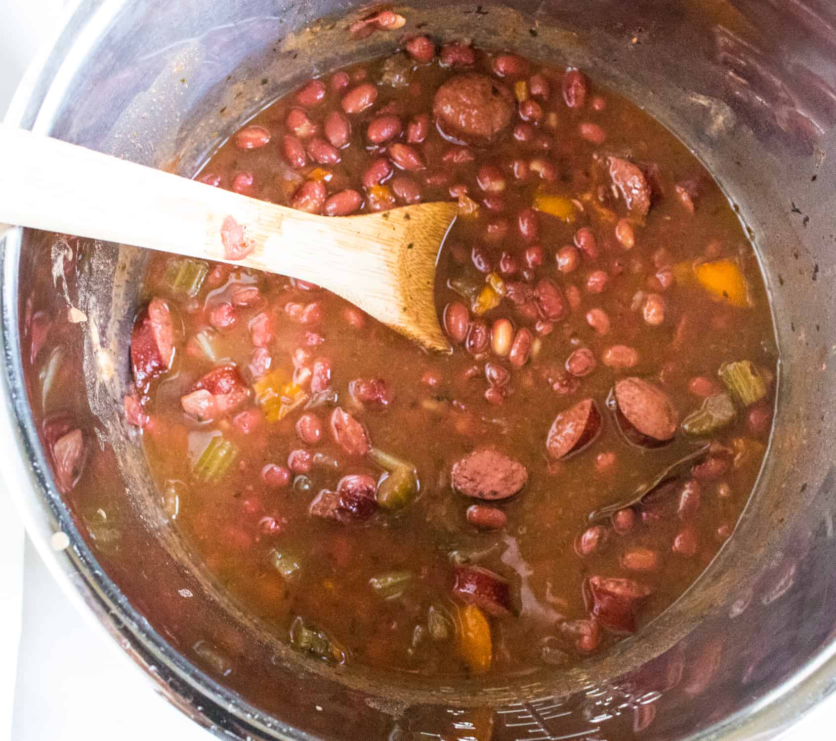 Instant Pot Red Beans and Rice after cooking with kielbasa added