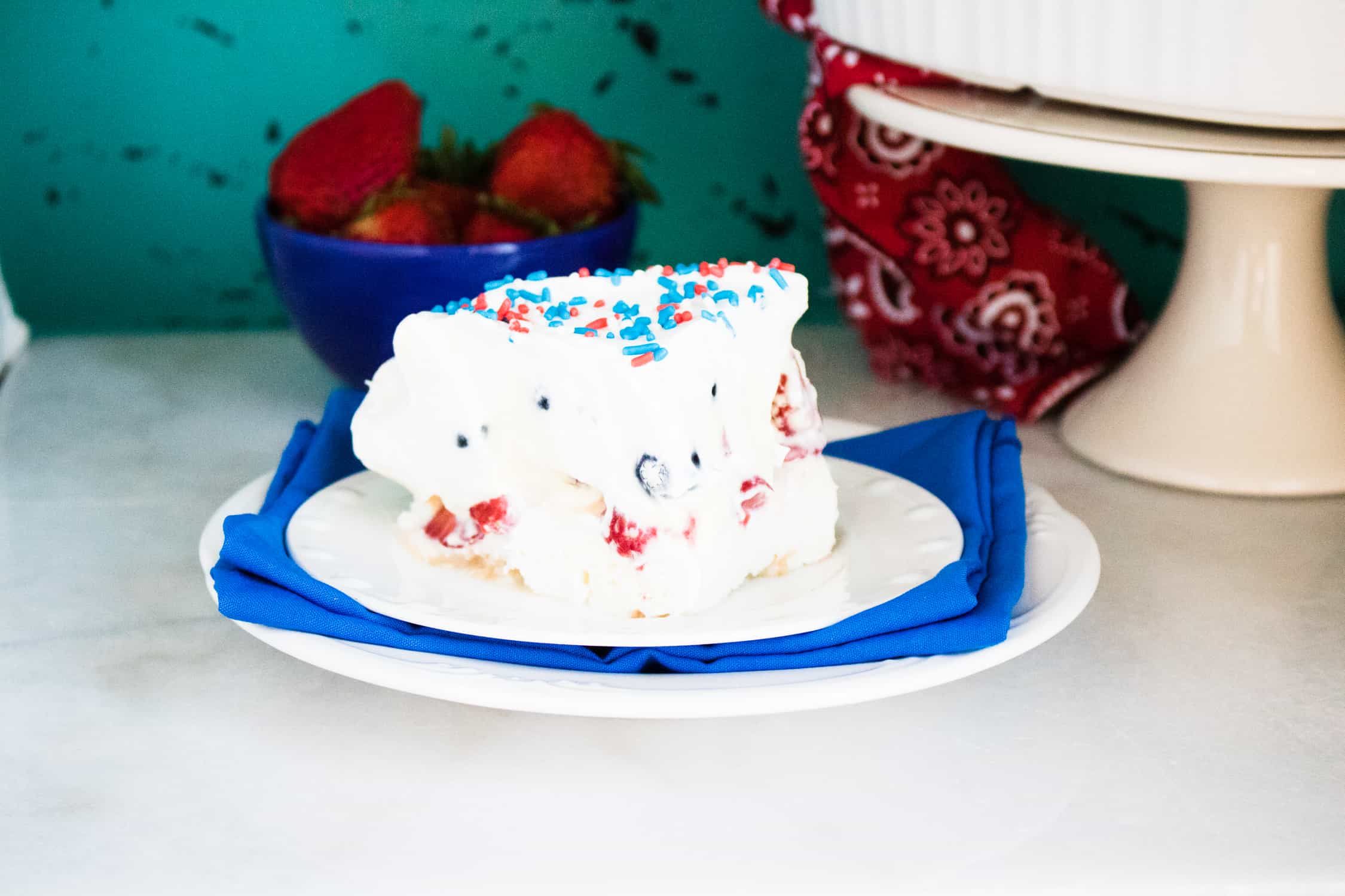 Red White & Blue Dessert Lasagna served on a plate