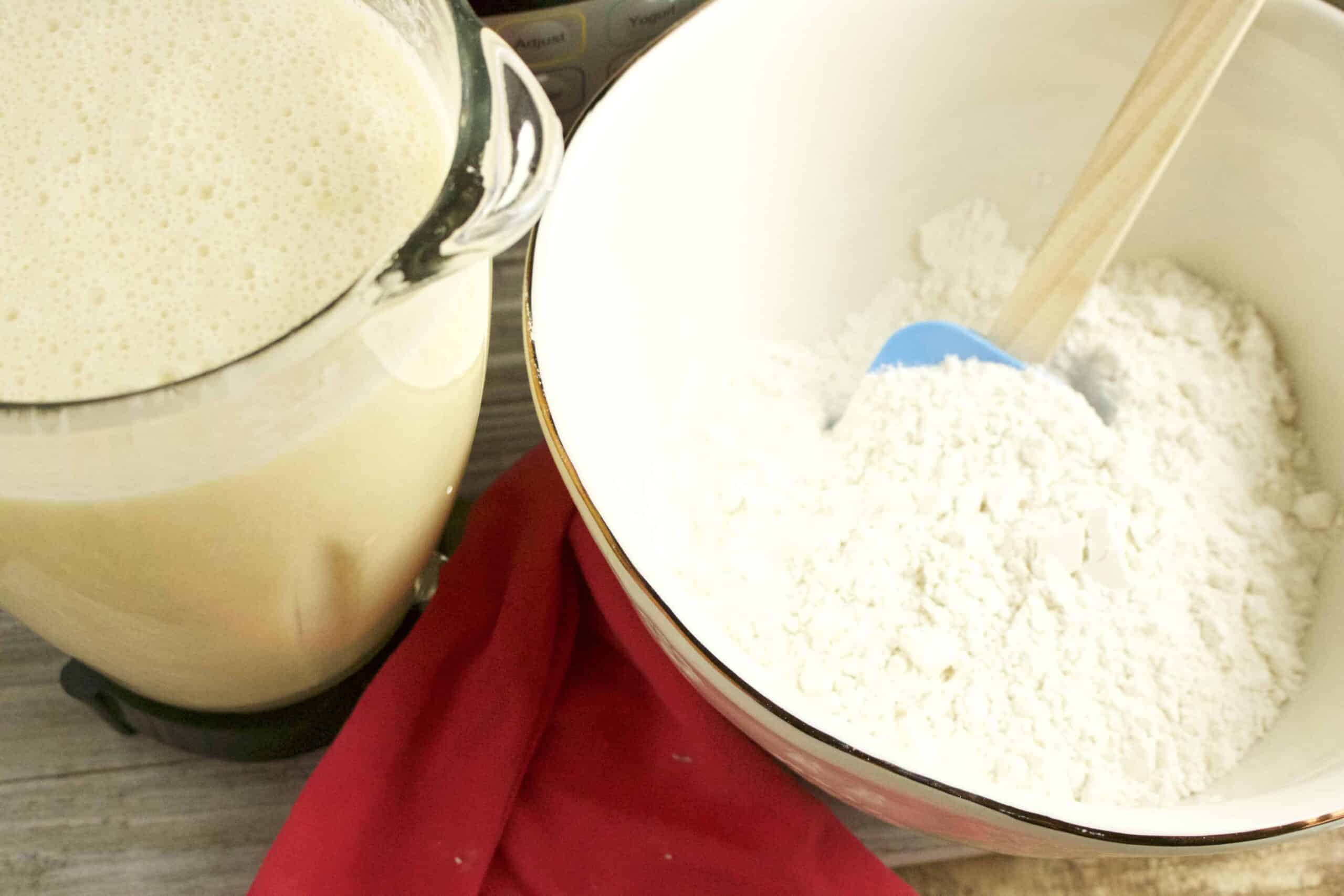 butter, sugars, eggs, heavy cream and vanilla extract blended together and dry ingredients measured in a mixing bowl