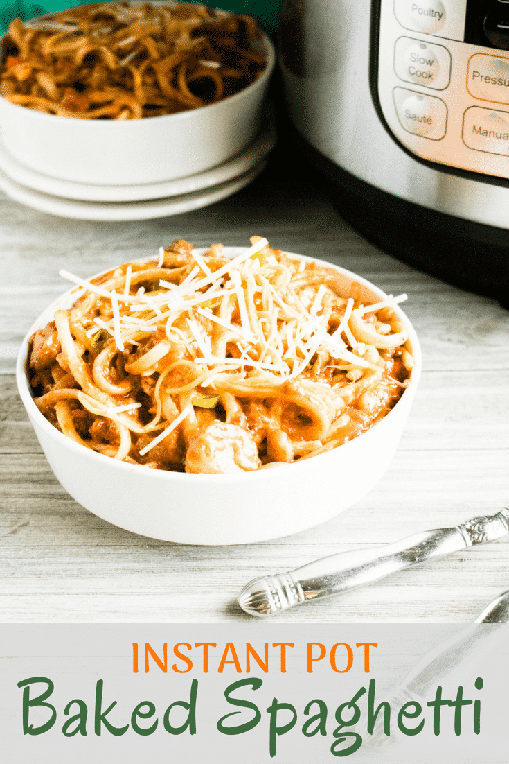 This Instant Pot Baked Spaghetti recipe is the ultimate comfort food! With ingredients like peppers, mushrooms, onions and two kinds of cheese, a delicious dinner is ready in just 3 simple steps! Super simple, super fast, and super tasty. #instantpotbakedspaghetti #easyspaghetti #deliciousspaghettidinner #spaghetti #instantpot