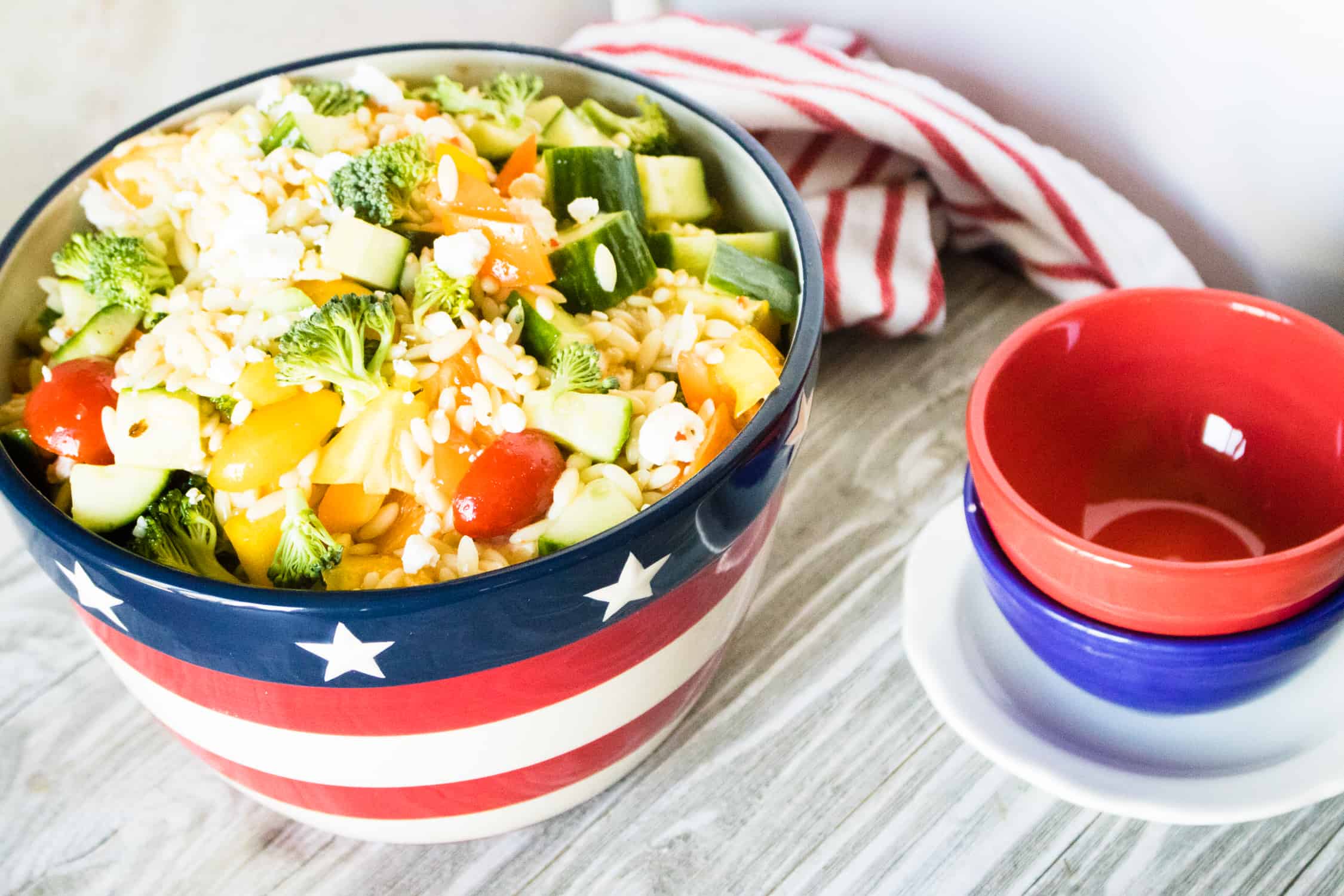 Summer Orzo Salad prepared and ready to serve