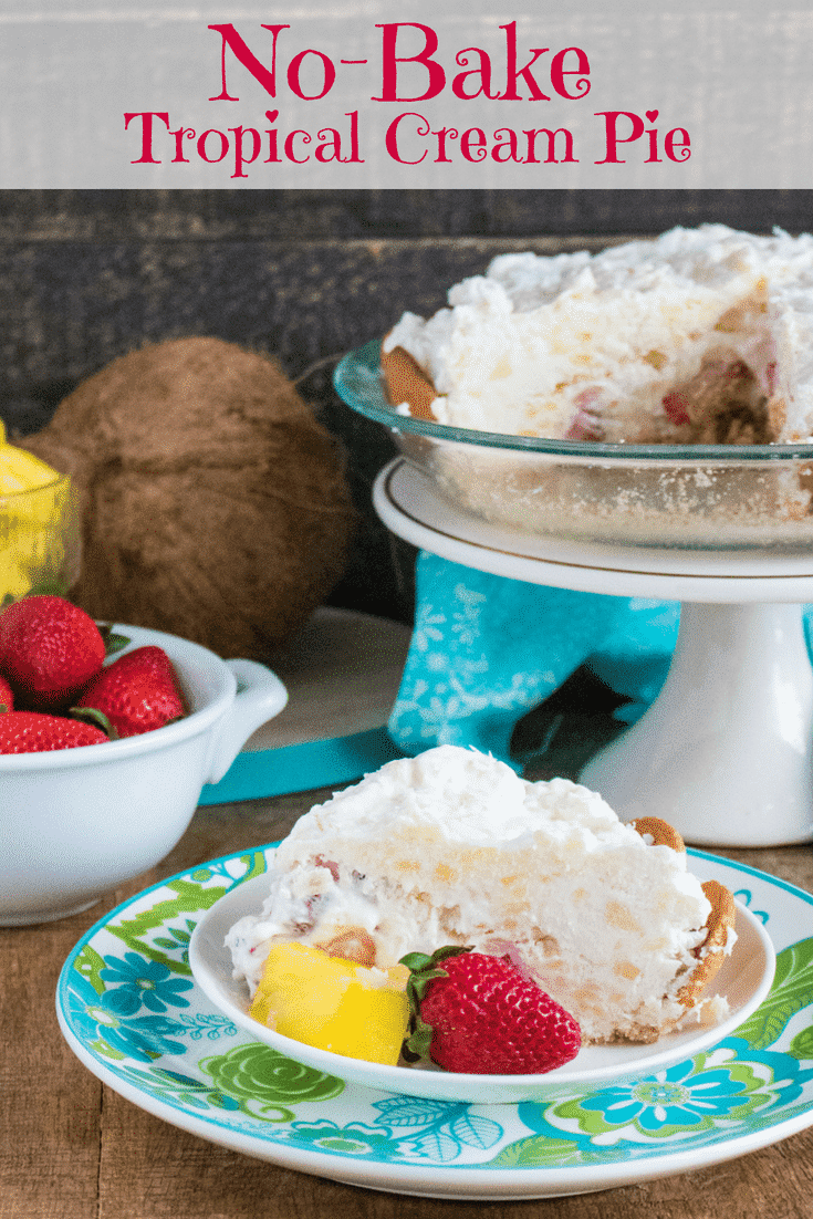This No-Bake Tropical Cream Pie is the perfect delicious dessert for summer. With strawberries and pineapple, it tastes like just like a little slice of summer! It's cool, creamy, and it's a breeze to make! Plus, no-bake means your kitchen stays nice and cool. #refreshingnobaketropicalcreampie #nobakepie #tropicalcreampie #nobakepie #nobakedesserts #pie #dessert