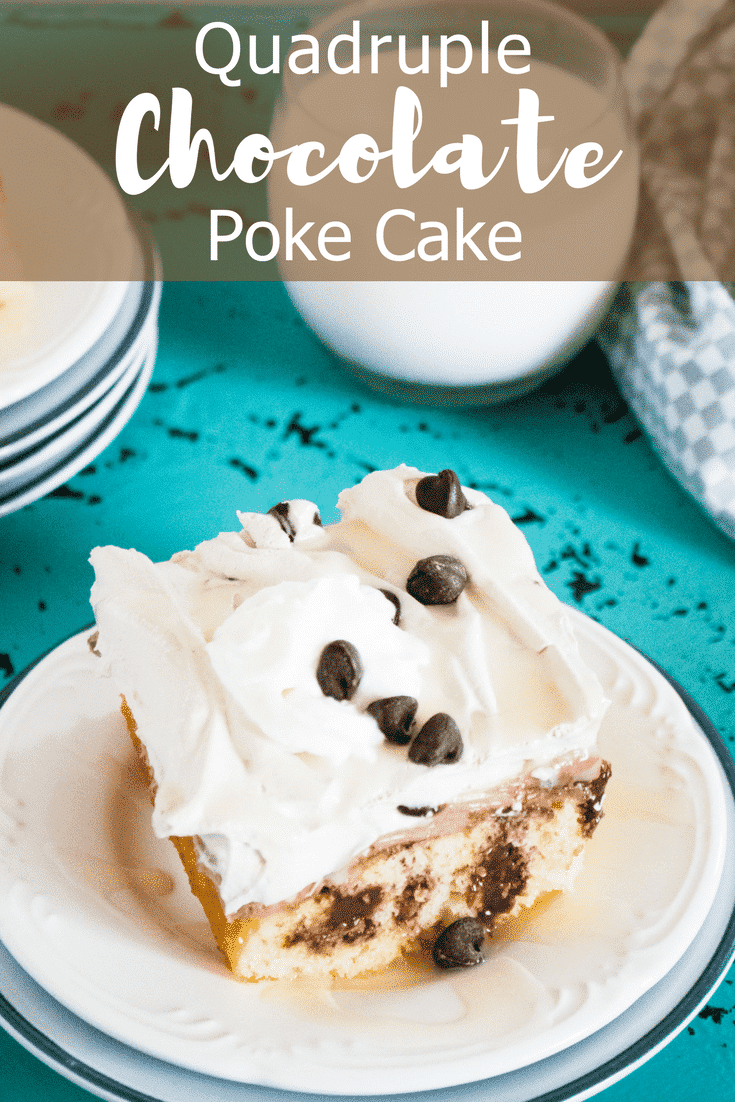 Chocolate lovers gather around this Quadruple Chocolate Poke Cake recipe! It is rich, moist, fluffy and delicious, thanks to the chocolate filling, chocolate cream cheese frosting, whipped chocolate topping, and chocolate chips on top. Truly a chocolate lover's delight! #bestchocolatecakeever #chocolatepokecake #pokecake #moistchocolatecake #chocolatecakefordessert #dessert #chocolatedesserts
