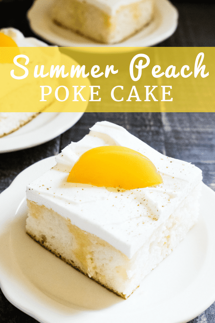 Nothing says summer like classic peach pie, and this Summer Peach Pie Poke Cake recipe is a fun twist on the traditional summer favorite. Light, airy, and infused with delectable peach pie flavor, this is a truly easy dessert you'll want to take to all your summertime celebrations! #pokecake #peachpie #cake #peach #easydessert #summerdesserts
