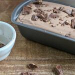 Permalink to: Double Chocolate Chunk No Churn Ice Cream Double Chocolate Chunk No-Churn Ice Cream in a metal loaf pan next to a white bowl filled with chocolate chuniks