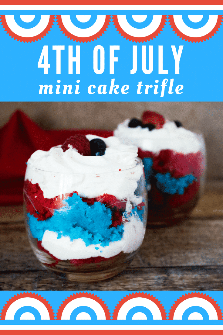 This 4th of July Mini Cake Trifle recipe is fun, festive, and SO quick and easy to make! These cute 4th of July desserts will be the star of your holiday table! Show off the vibrant red, white and blue layers by serving these individual sweet treats in glass jars or dessert cups. A perfectly patriotic sweet treat for any celebration! #4thofjulydesserts #4thofjuly #dessert #cake #trifle #patriotic