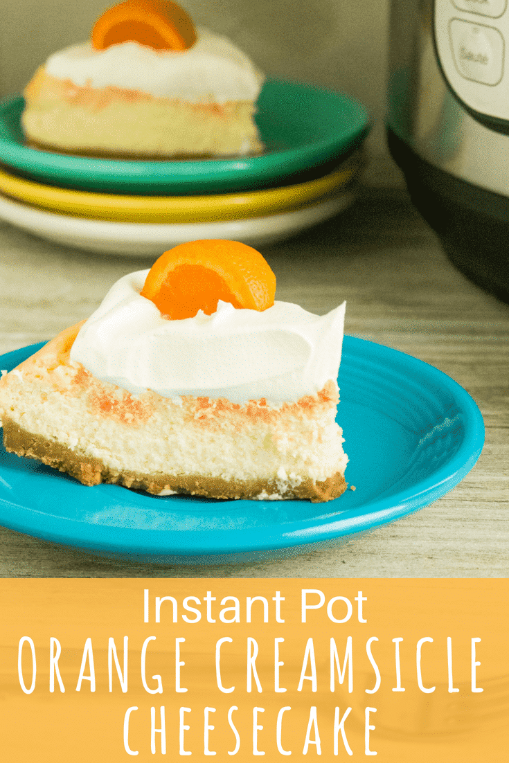 You will absolutely love this Instant Pot Orange Creamsicle Cheesecake! Just like the ice cream treat from back in the day, this cheesecake mingles tangy orange flavoring with the mellow sweet cream cheese flavor of cheesecake all in one amazingly delicious dessert. And, since it's made in an Instant Pot it is SO quick and easy! #instantpot #instantpotdessert #instantpotcheesecake #deliciouscheesecakerecipe #summerdesserts #creamsicle #orangecreamsicle #cheesecake #dessert