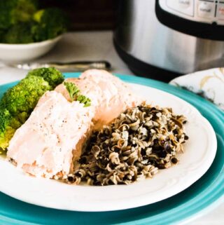 Instant Pot Lemon Garlic Salmon served with broccoli and wild rice