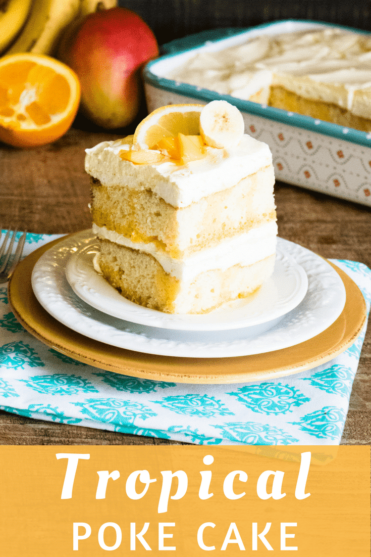 Tropical Poke Cake is a delectable dessert that is quick, easy, and SO fun to make! The combination of light, airy white cake and the bold flavors of tropical exotic fruits makes this a true crowd-pleaser! This sweet treat is perfect for your next barbecue, picnic, or summer celebration. #pokecake #dessert #tropical #exoticfruits #cake