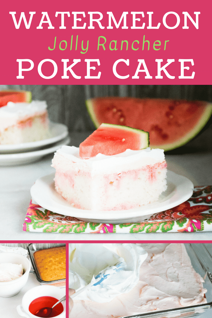 Nothing says summer quite like a sweet and juicy slice of watermelon! This Jolly Rancher Watermelon Poke Cake recipe is SO quick and easy to make, and is the perfect addition to any summertime celebration. The light and airy cake is infused with watermelon gelatin, then combined with a fluffy layer of watermelon flavored cream cheese topping. This is one sweet treat just bursting with delicious watermelon flavor! Jolly Rancher Watermelon Poke Cake is great way to enjoy a little taste of summer, anytime! #pokecake #watermelon #summerdesserts #jollyrancher #summerrecipes #dessert