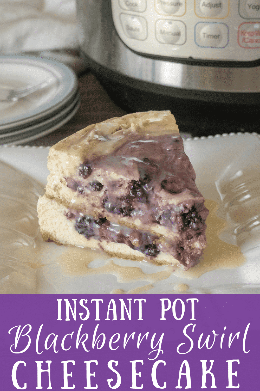This Instant Pot Blackberry Swirl Cheesecake recipe is truly amazing! The steamy pressure cooking environment creates a smooth and creamy cheesecake, which is the perfect balance with the tart, yet sweet, blackberry filling. And it really is SO easy to make, it will come out perfect every time! #instantpot #instantpotrecipes #instantpotcheesecake #cheesecake #blackberry #easydessertrecipe #desserts