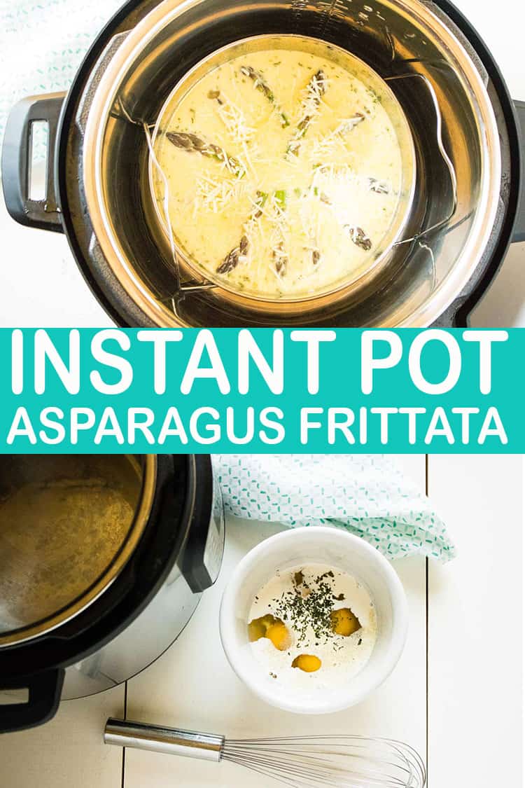 frittata inside of instant pot and photo of egg yolks and milk in white bowl