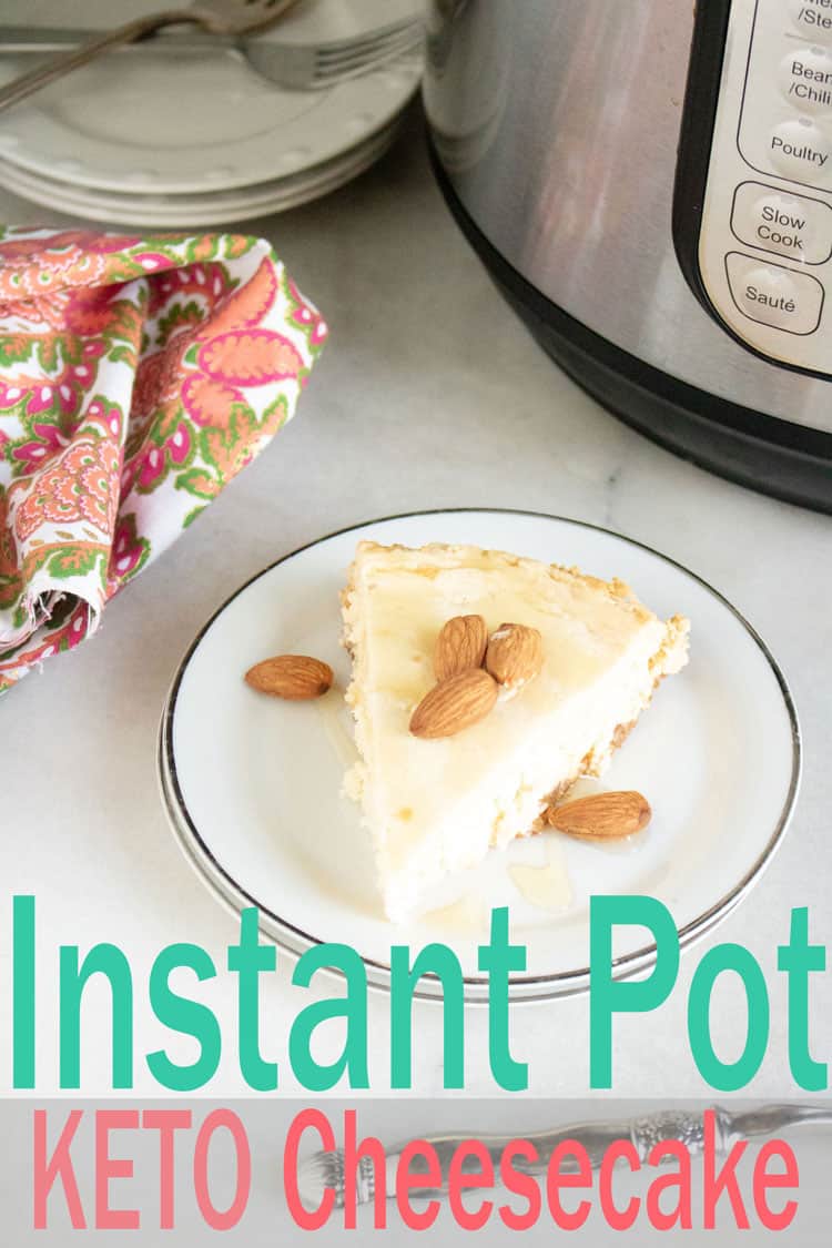 keto cheesecake on white plate on white marble background with Instant Pot in the background