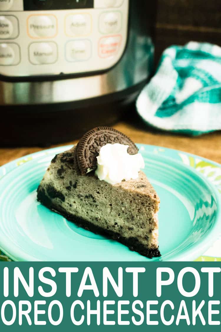 oreo cheesecake on blue plate with instant pot in the background
