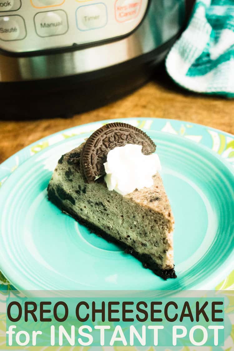 slice of oreo cheesecake on blue plate