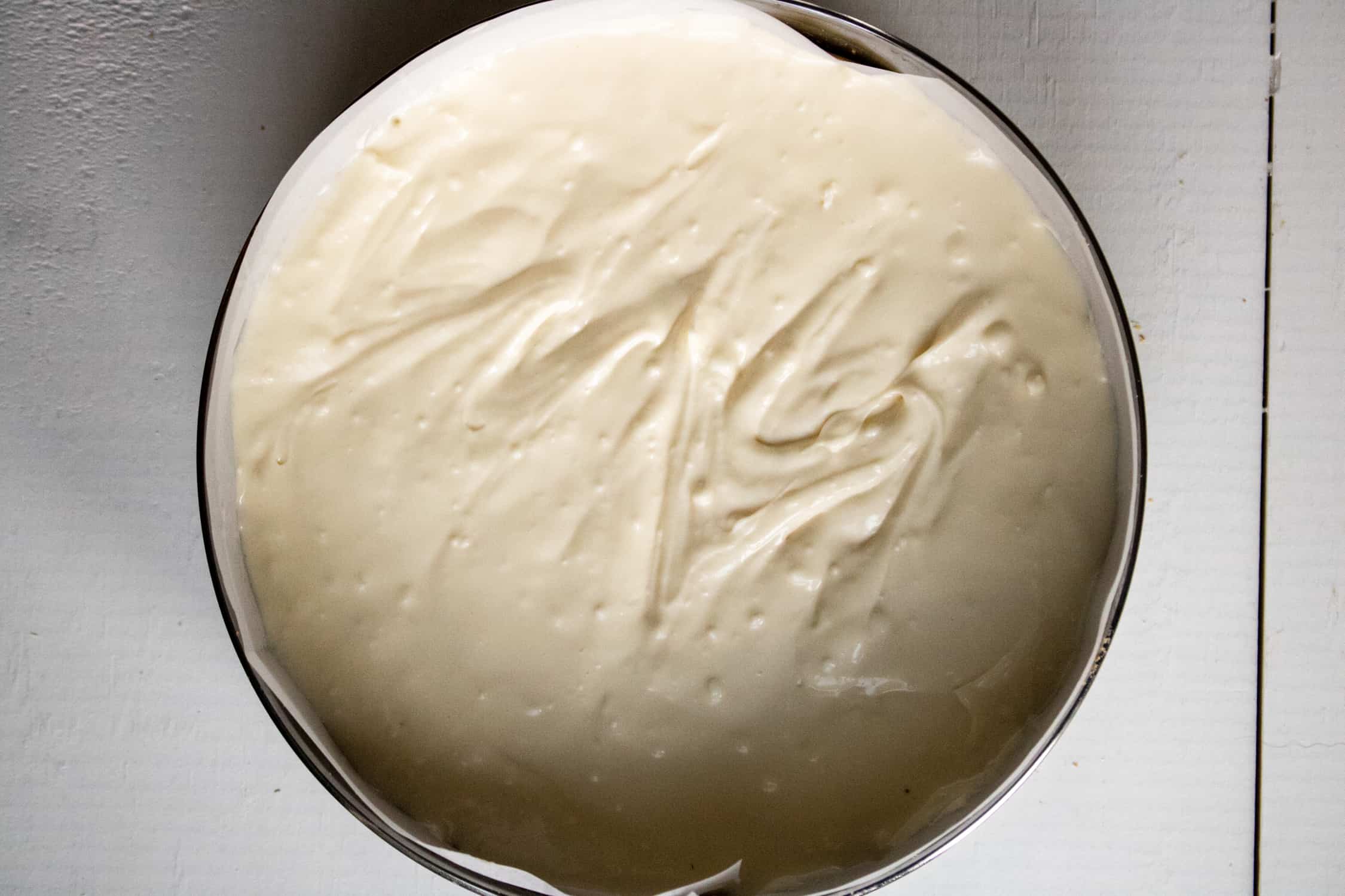 top-down view of the uncooked cheesecake