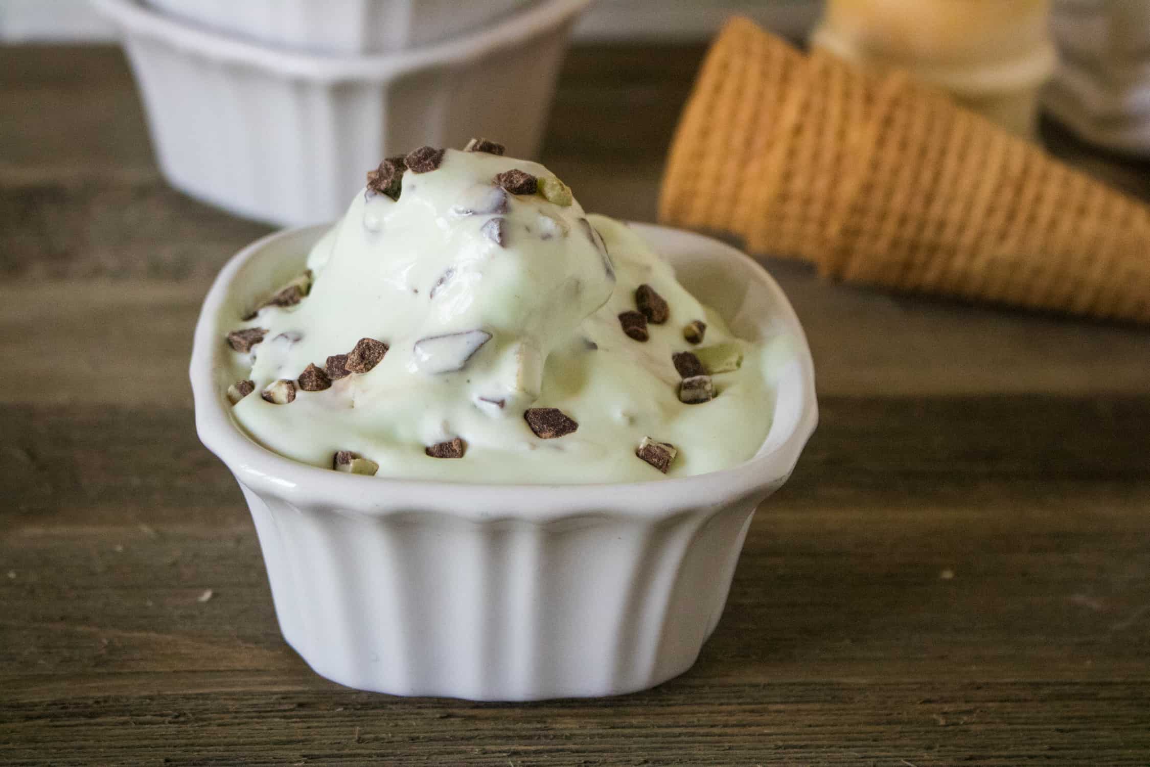 one scoop of mint chip no-churn easy homemade ice cream served in a white square dessert dish