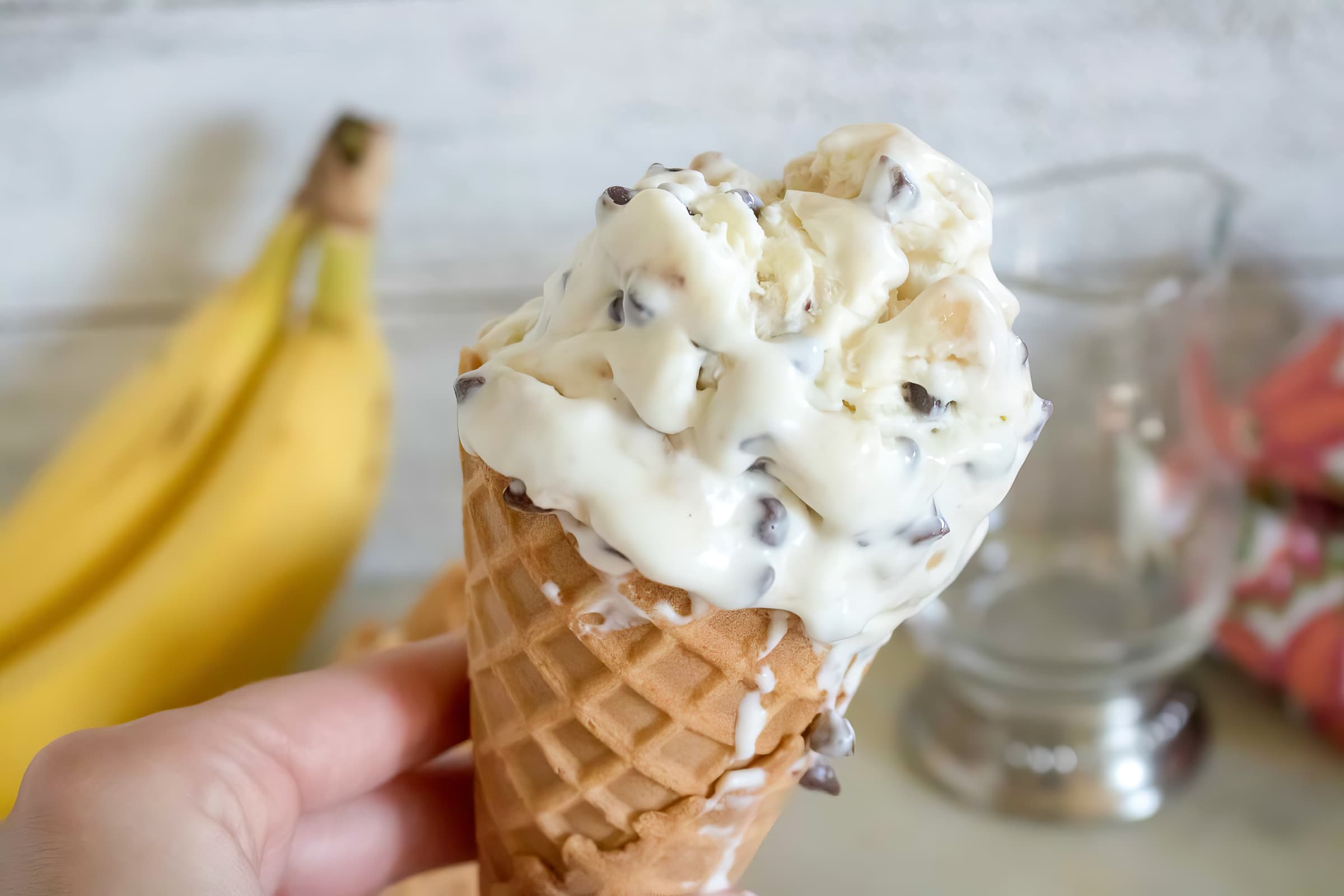 banana chocolate chip ice cream in a cone